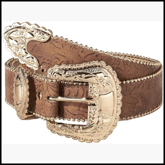 Western Cowgirl Belt with Gold Buckle, Faux PU Leather, Brown Floral main image 6